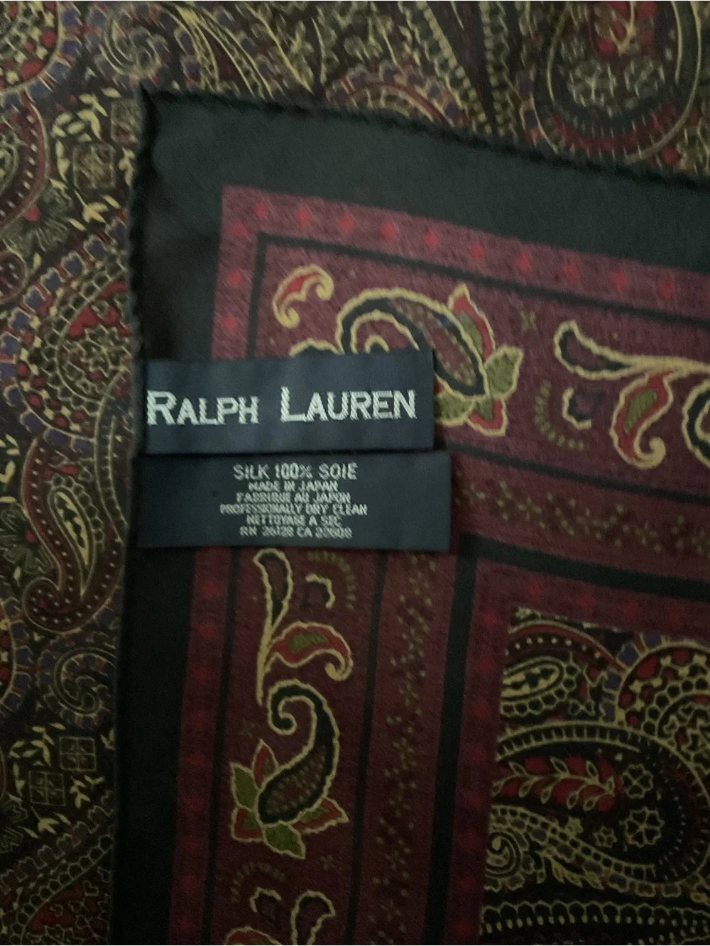 Ralph Lauren Burgundy, Black and Gold Paisley Silk Scarf
